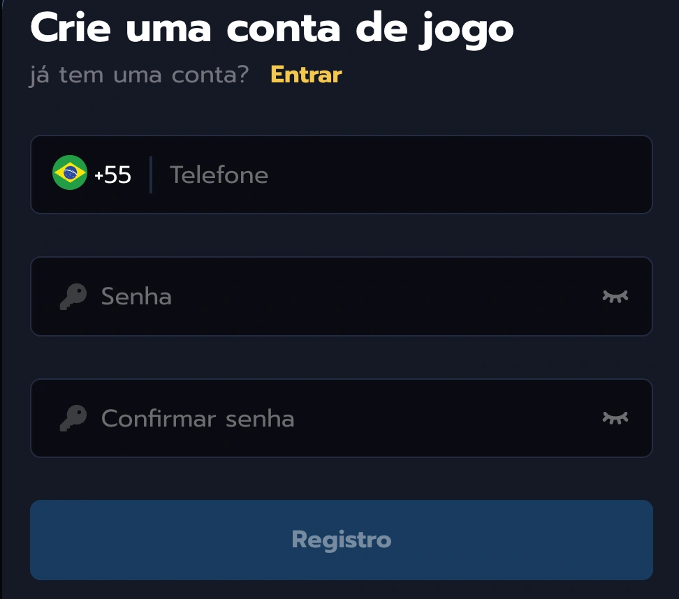 Tela de registro no 835BET cassino